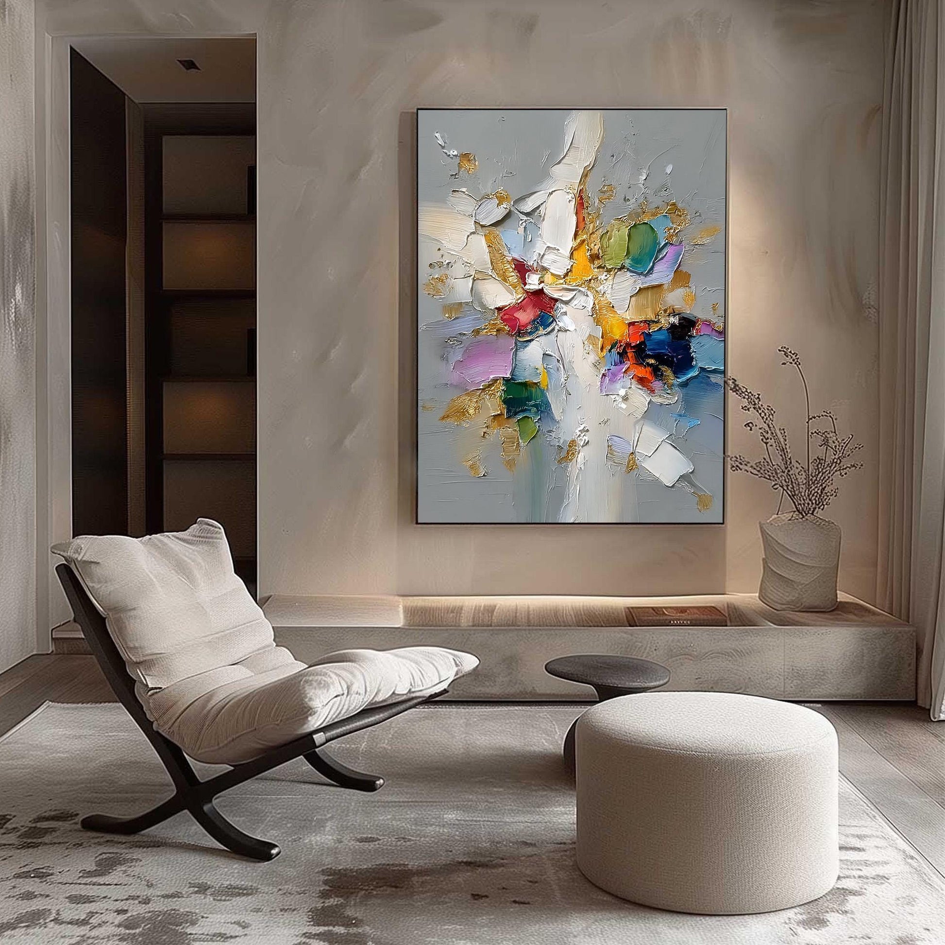 Abstract Textured Impasto Painting with Gold Accents, Colorful Floral Burst Canvas, Modern Wall Art – Colorful Floral Wall Ar