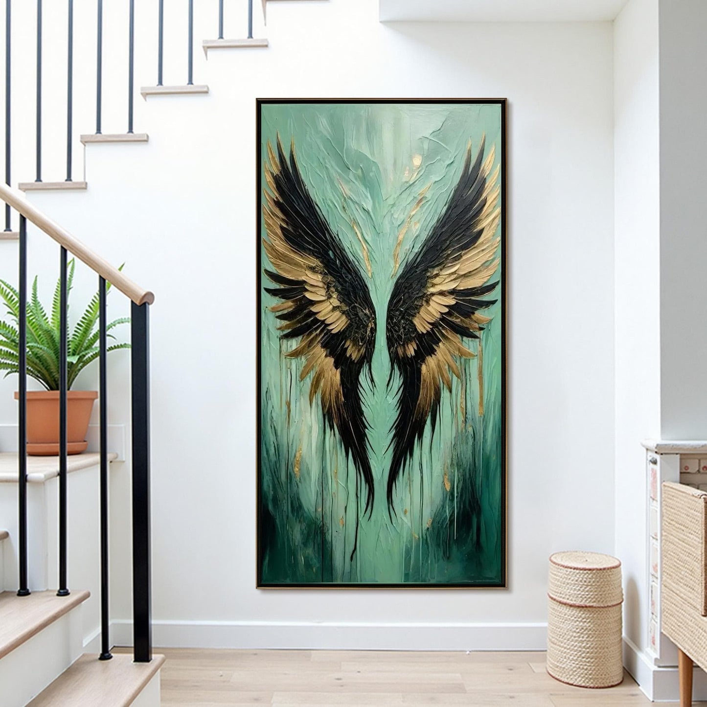 Teal and Gold Impasto Abstract 3D Texture Wall Art – Aqua Teal Angel Wings