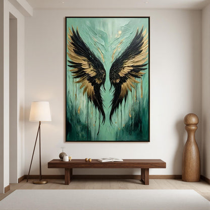 Teal and Gold Impasto Abstract 3D Texture Wall Art – Aqua Teal Angel Wings