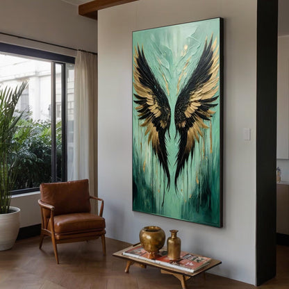 Aqua Teal Angel Wings – Teal and Gold Abstract 3D Texture Wall Art | Impasto Painting, view 2