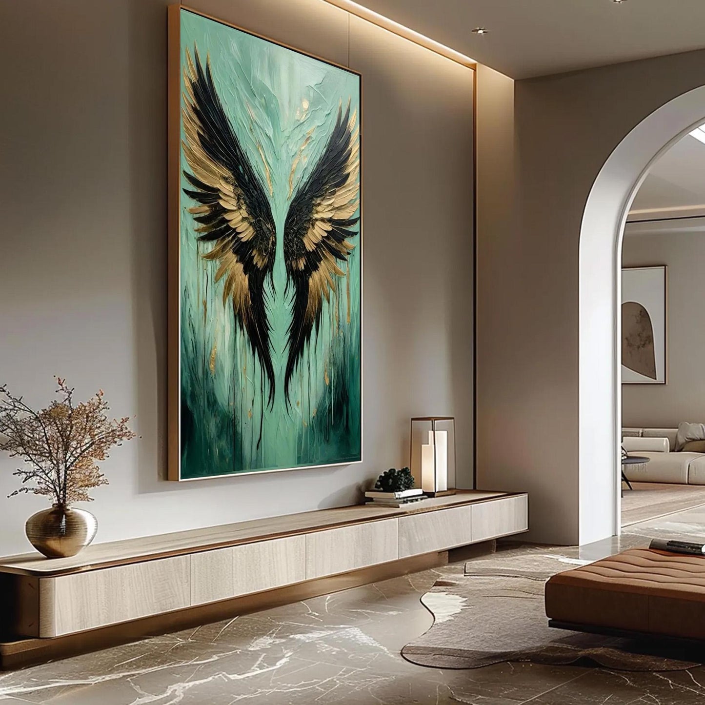 Aqua Teal Angel Wings – Teal and Gold Abstract 3D Texture Wall Art | Impasto Painting, view 3