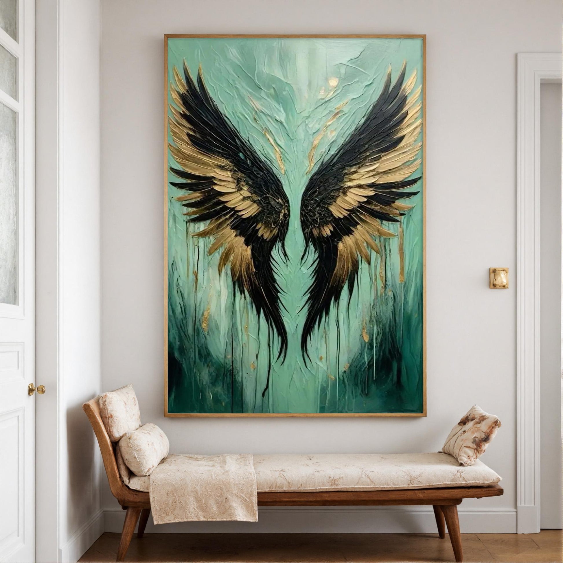 Aqua Teal Angel Wings – Teal and Gold Abstract 3D Texture Wall Art | Impasto Painting, view 4