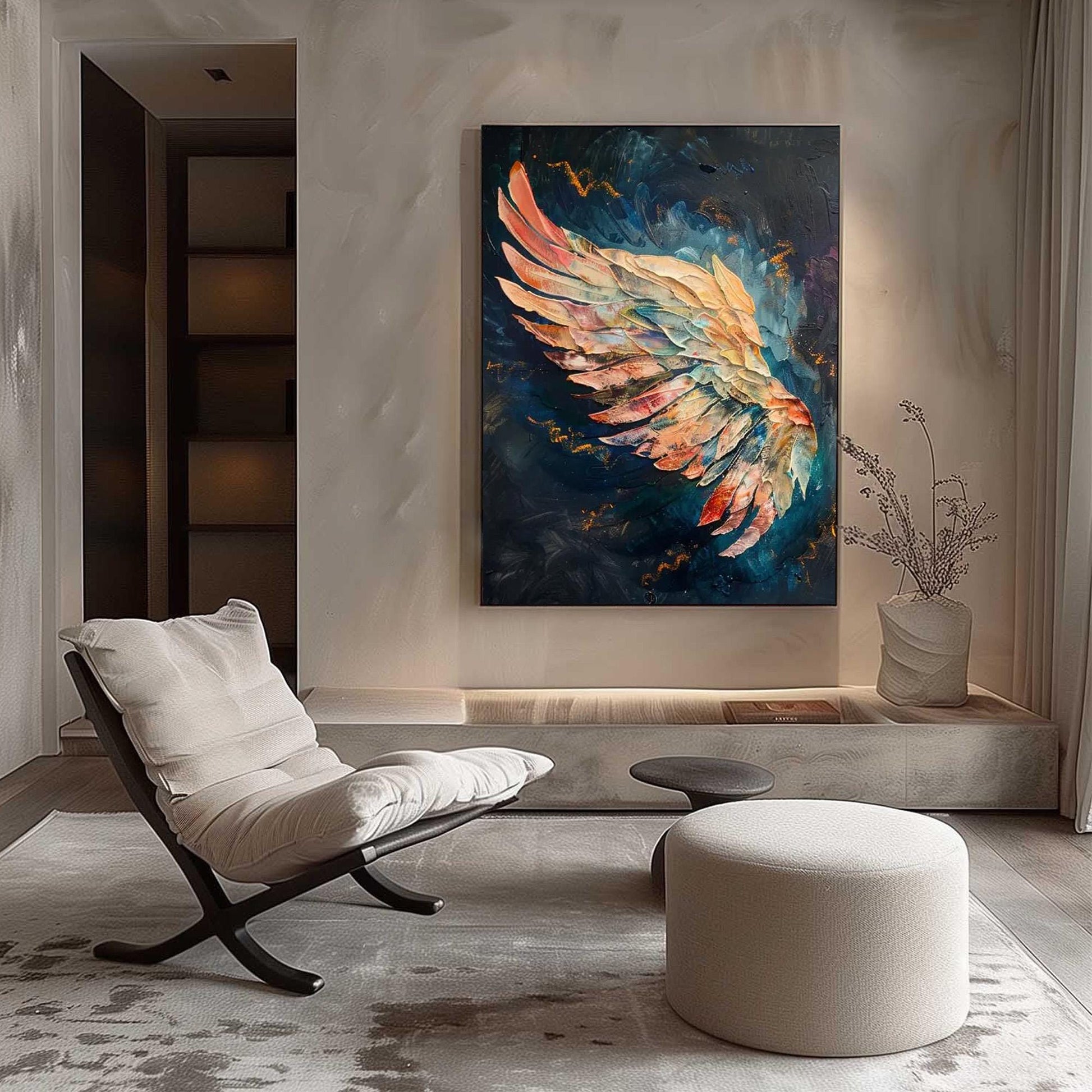 Textured Impasto Feather Wing Painting, Multicolor Angel Wall Art – Colorful Bird Animal Wall Art | Impasto Painting, view 1
