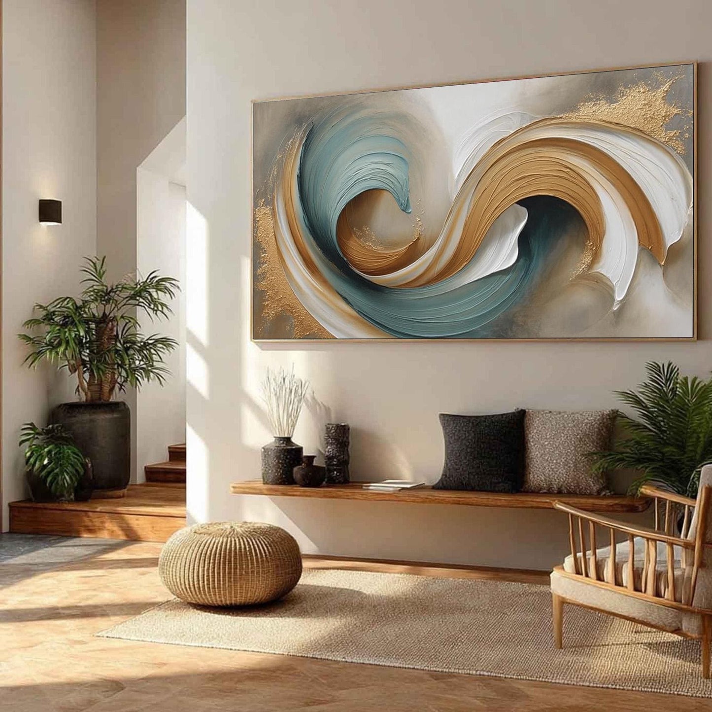 Handmade – Teal and Gold Fluid Abstract Wall Art | Painting, view 2
