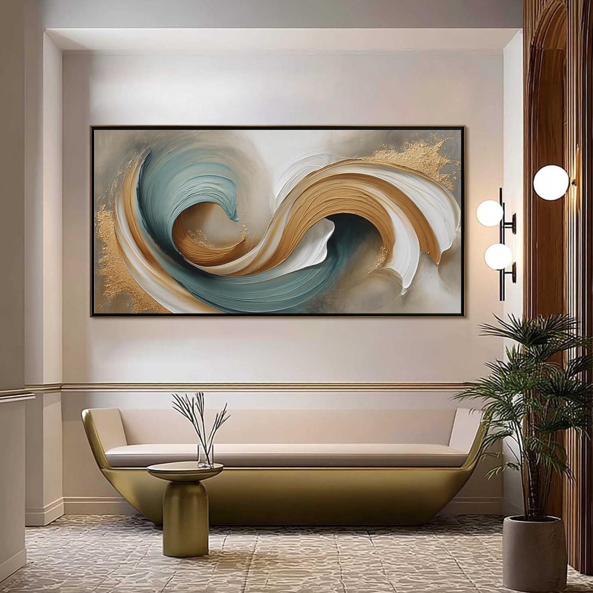 Handmade – Teal and Gold Fluid Abstract Wall Art | Painting, view 1