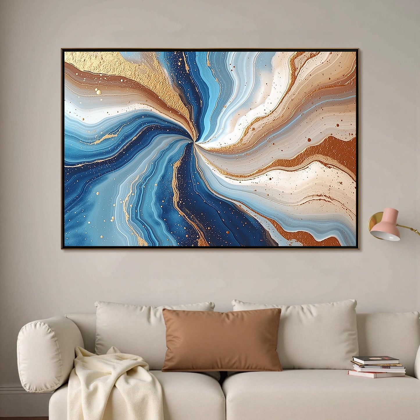 Ocean Blue Geode Abstract Painting, Fluid Swirl Canvas, Metallic Gold Speckles – Blue and Teal Ocean Wall Art | Abstract Pain