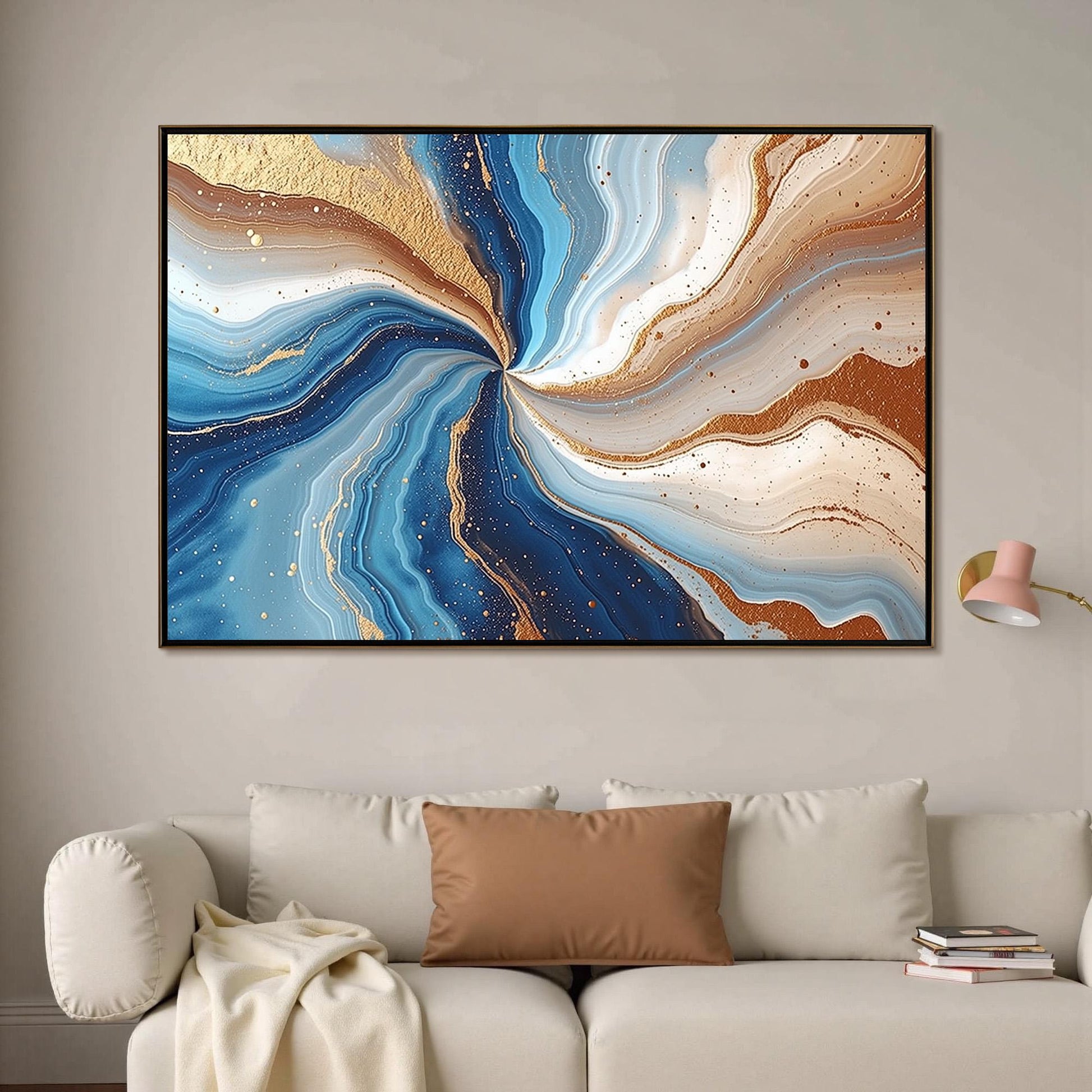 Ocean Blue Geode Abstract Painting, Fluid Swirl Canvas, Metallic Gold Speckles – Blue and Teal Ocean Wall Art | Abstract Pain