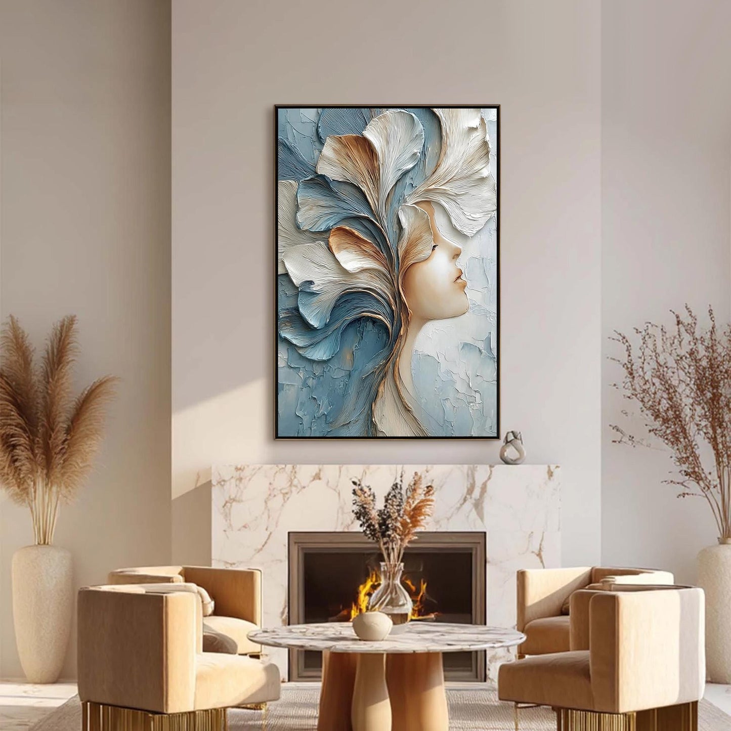 Textured Impasto Floral Wall Art – Serene Profile with Flowing Petal Headdress