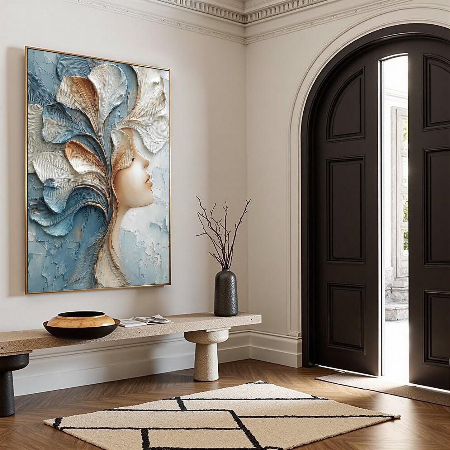 Serene Profile with Flowing Petal Headdress – Floral Wall Art | Abstract Impasto Painting, view 2