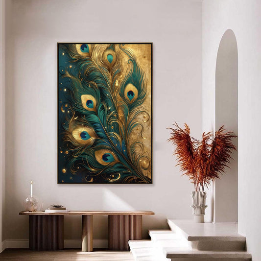 Peacock Feather Painting, Gold Teal Metallic Wall Art, Luxe Boho Decor – Teal and Gold Bird Animal Wall Art | Boho Painting, 