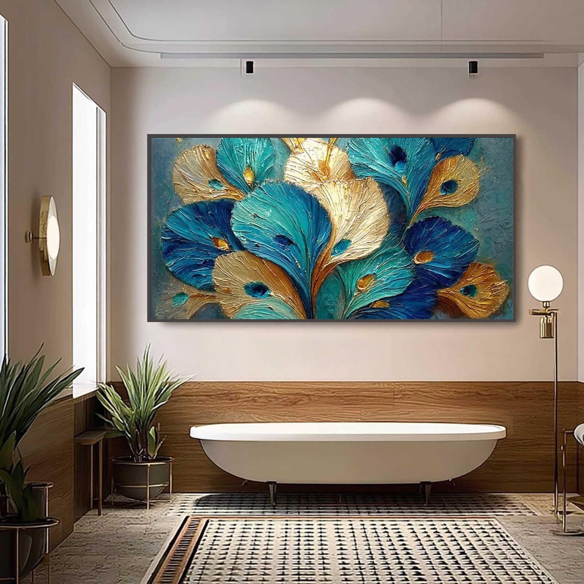 Teal Gold Peacock Feather – Teal and Gold Bird Animal Wall Art | Impasto Painting, view 4