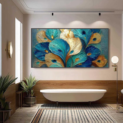 Teal Gold Peacock Feather – Teal and Gold Bird Animal Wall Art | Impasto Painting, view 4