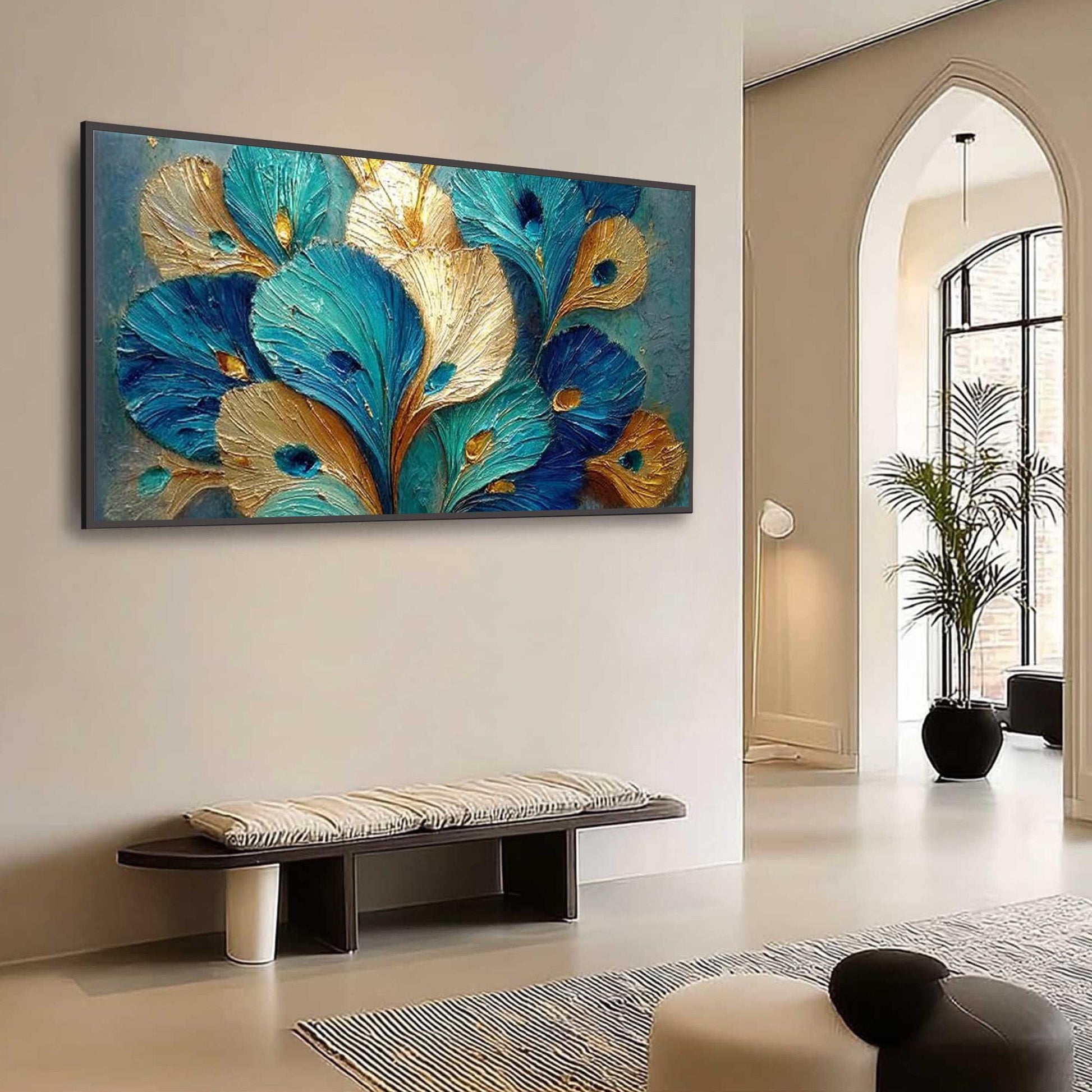 Teal Gold Peacock Feather – Teal and Gold Bird Animal Wall Art | Impasto Painting, view 3