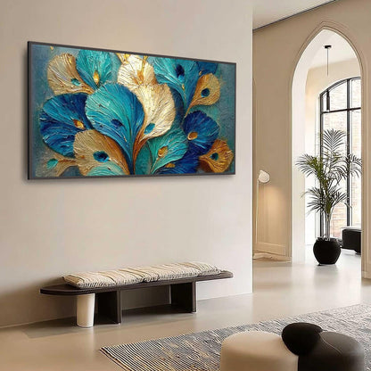 Teal Gold Peacock Feather – Teal and Gold Bird Animal Wall Art | Impasto Painting, view 3
