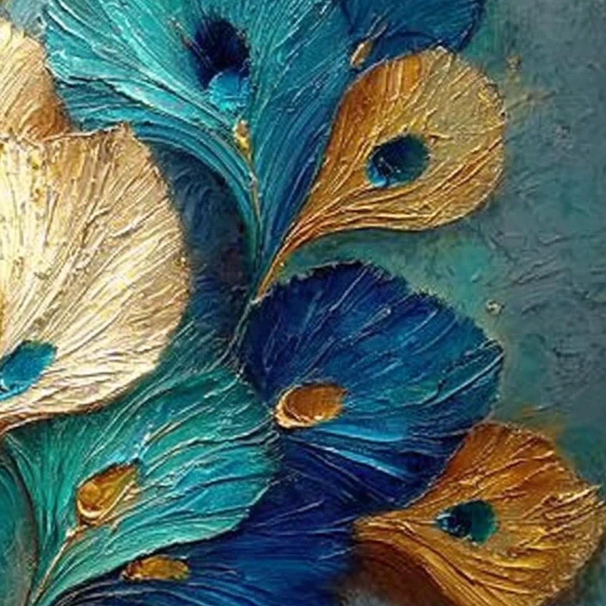 Teal Gold Peacock Feather – Teal and Gold Bird Animal Wall Art | Impasto Painting, view 5