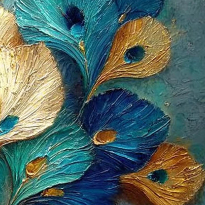 Teal Gold Peacock Feather – Teal and Gold Bird Animal Wall Art | Impasto Painting, view 5