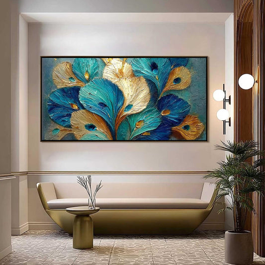 Teal Gold Peacock Feather – Teal and Gold Bird Animal Wall Art | Impasto Painting, view 1