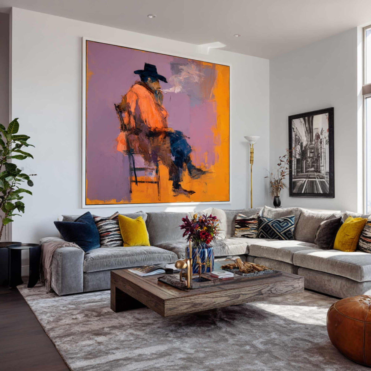 Original Expressionist Man in Hat Painting, Rugged Cowboy Smoking Wall Art, Contemporary Figurative Oil Art Modern Western Wall Decor