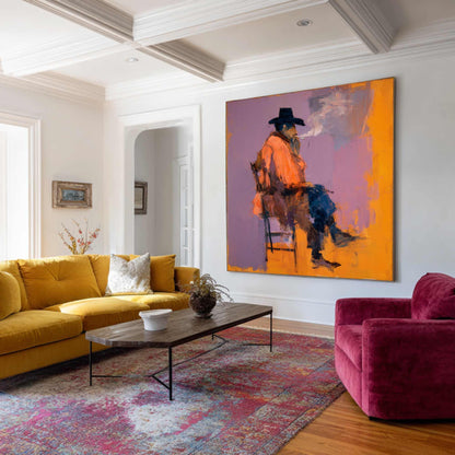 Original Expressionist Man in Hat Painting, Rugged Cowboy Smoking Wall Art, Contemporary Figurative Oil Art Modern Western Wall Decor