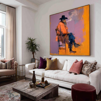 Original Expressionist Man in Hat Painting, Rugged Cowboy Smoking Wall Art, Contemporary Figurative Oil Art Modern Western Wall Decor