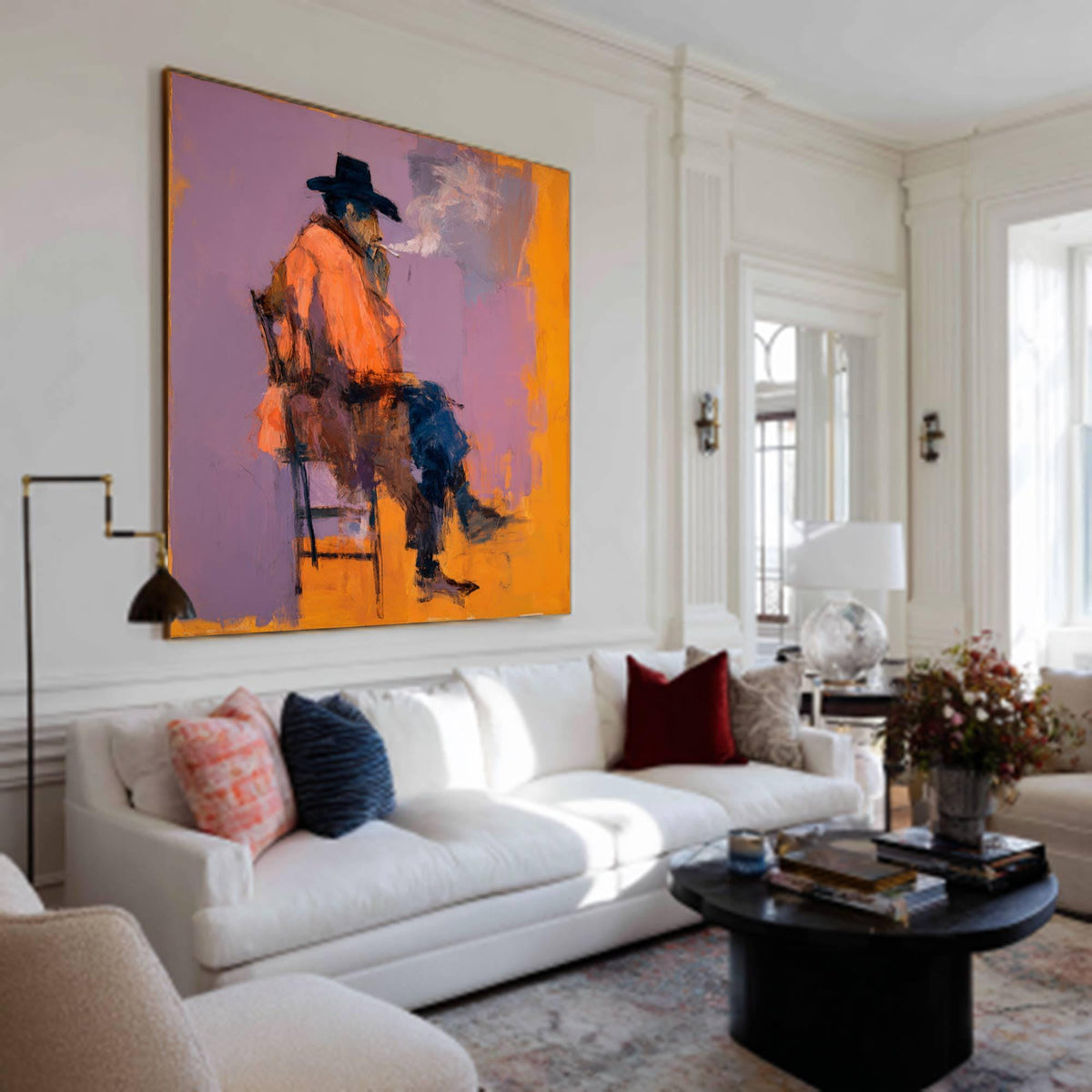 Original Expressionist Man in Hat Painting, Rugged Cowboy Smoking Wall Art, Contemporary Figurative Oil Art Modern Western Wall Decor