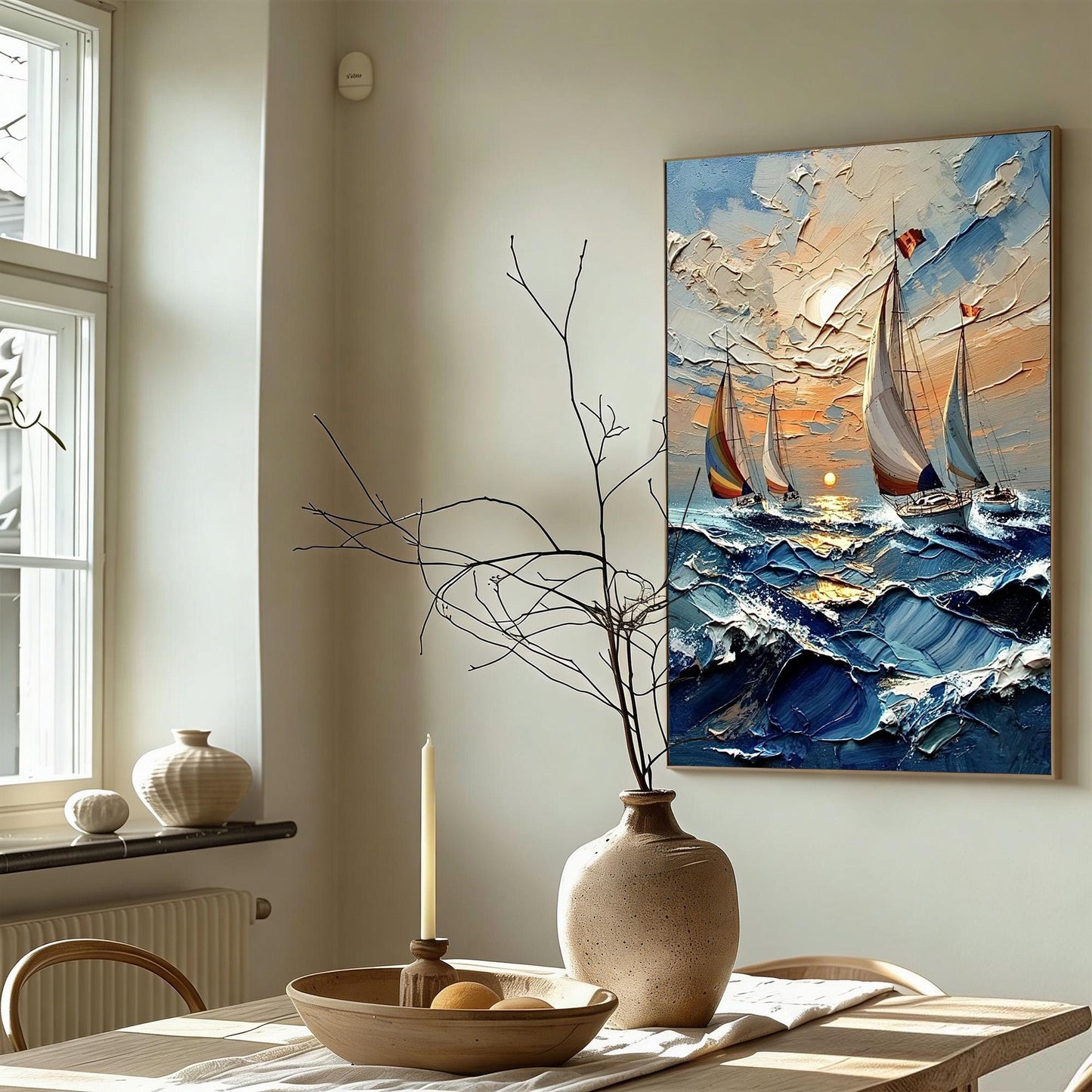 Impasto Sailboat Seascape Painting, Palette Knife Ocean Art, Textured Nautical Wall Decor, Coastal Canvas – Gold Beach Seasca