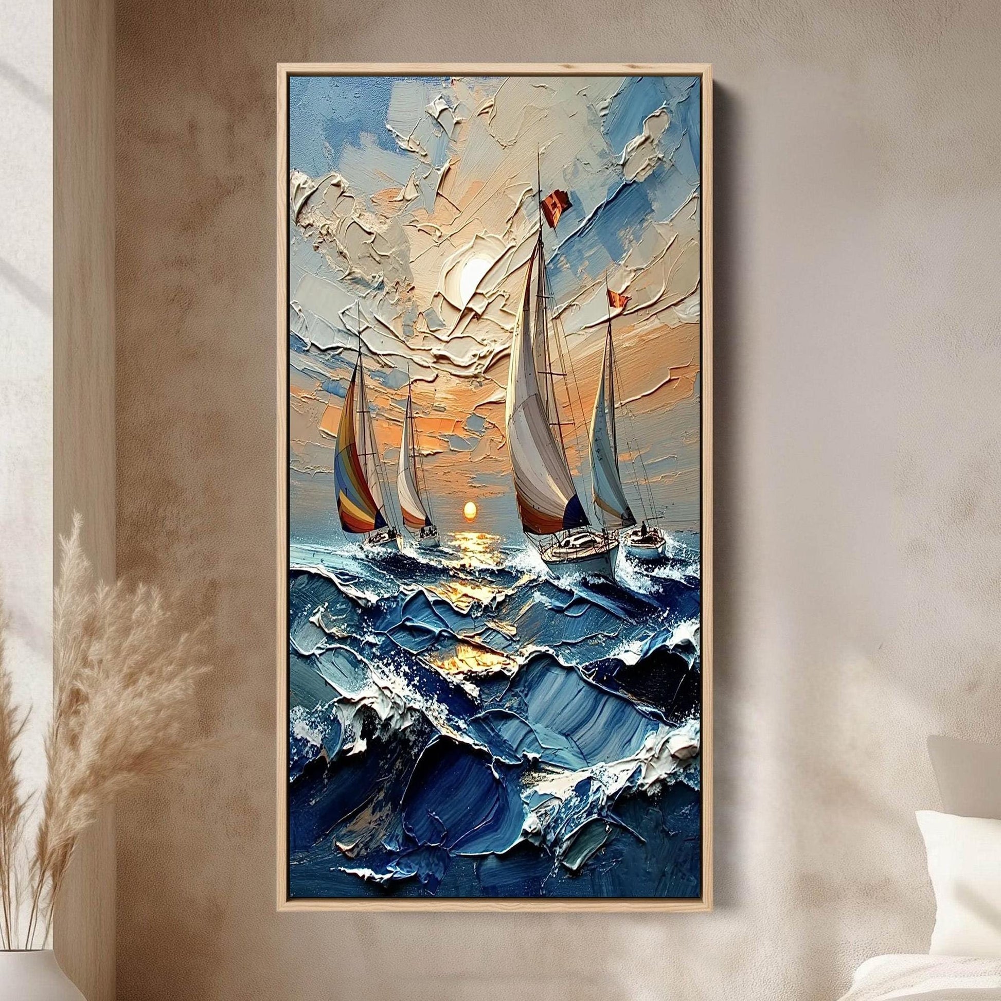 Impasto Sailboat Seascape Painting, Palette Knife Ocean Art, Textured Nautical Wall Decor, Coastal Canvas – Gold Beach Seasca