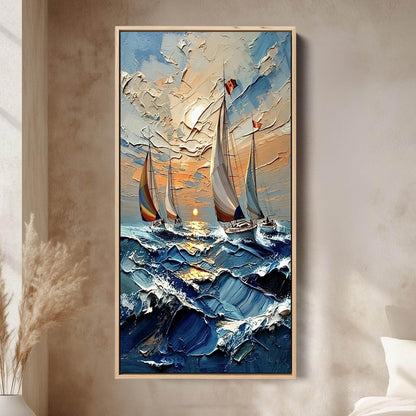 Impasto Sailboat Seascape Painting, Palette Knife Ocean Art, Textured Nautical Wall Decor, Coastal Canvas – Gold Beach Seasca