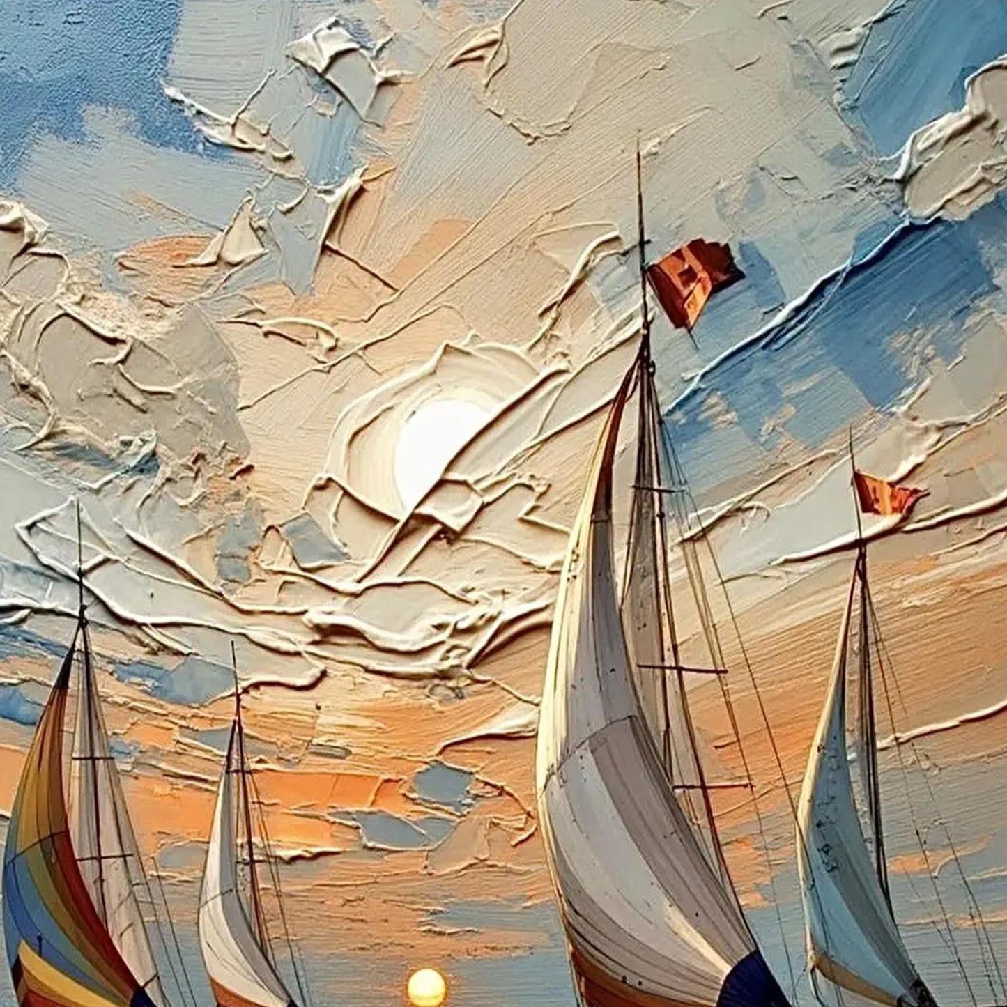 Impasto Sailboat Seascape Painting, Palette Knife Ocean Art, Textured Nautical Wall Decor, Coastal Canvas – Gold Beach Seasca