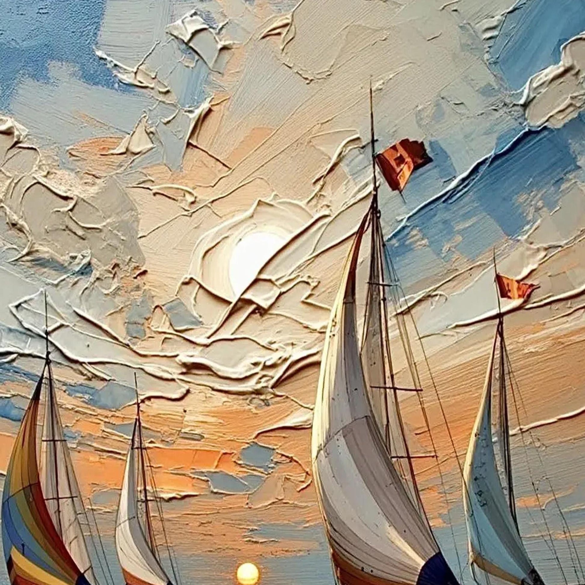 Impasto Sailboat Seascape Painting, Palette Knife Ocean Art, Textured Nautical Wall Decor, Coastal Canvas – Gold Beach Seasca