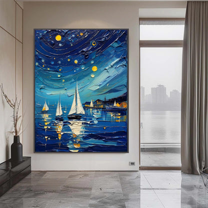 Gold Impasto Sailboat 3D Texture Wall Art – Night Seascape Painting