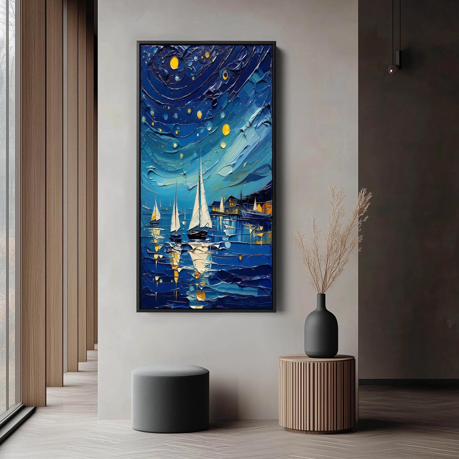 Impasto Night Sailboat Painting, Textured Nautical Canvas, Coastal Wall Art – Gold Sailboat 3D Texture Wall Art | Impasto Pai