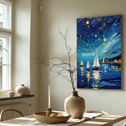 Impasto Night Sailboat Painting, Textured Nautical Canvas, Coastal Wall Art – Gold Sailboat 3D Texture Wall Art | Impasto Pai