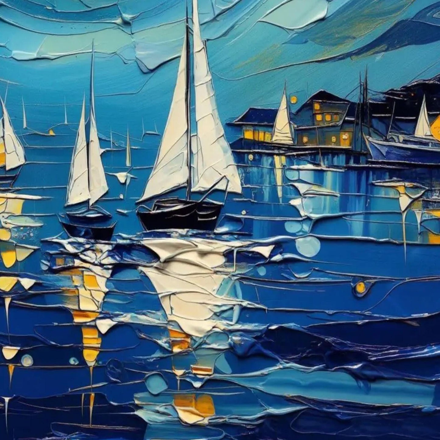Impasto Night Sailboat Painting, Textured Nautical Canvas, Coastal Wall Art – Gold Sailboat 3D Texture Wall Art | Impasto Pai