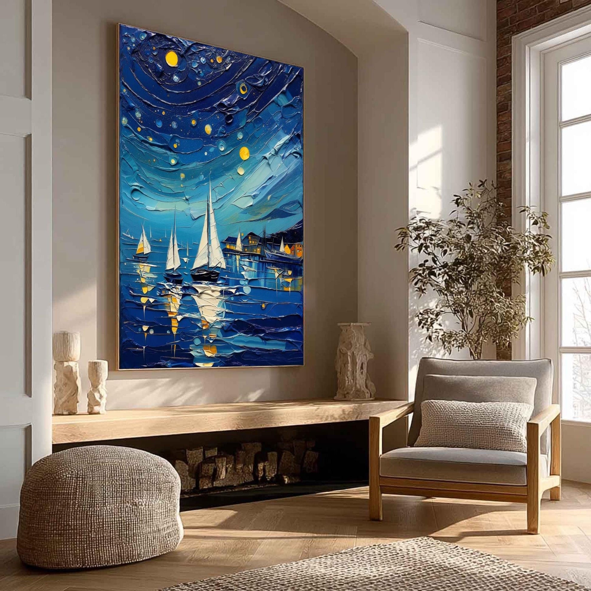 Impasto Night Sailboat Painting, Textured Nautical Canvas, Coastal Wall Art – Gold Sailboat 3D Texture Wall Art | Impasto Pai
