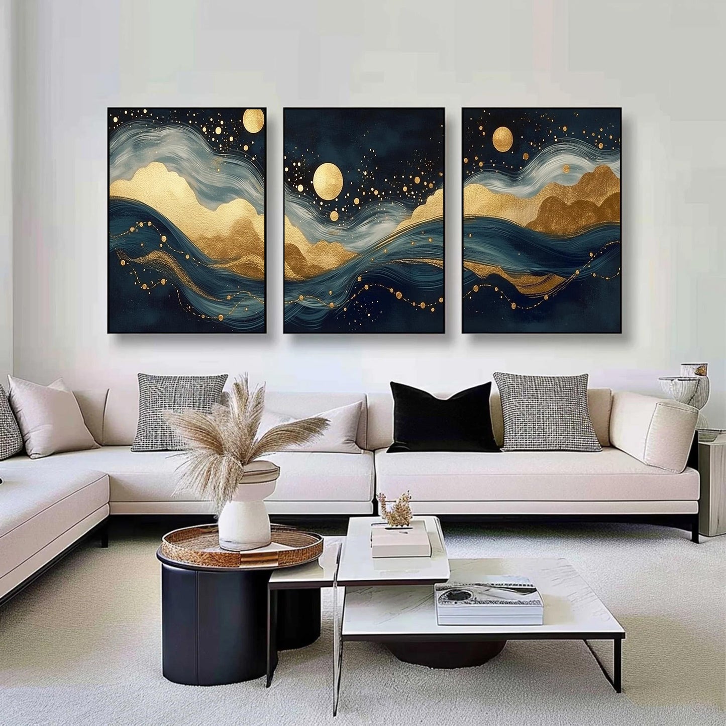 Navy Gold Foil – Navy and Teal Moon Abstract Wall Art | Painting, view 1