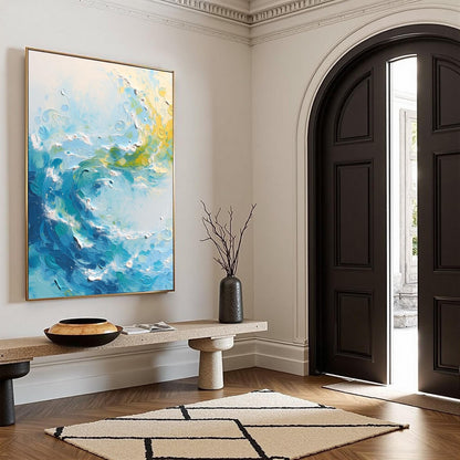 Textured Ocean Wave Painting, Impasto Surf Seascape Art, Coastal Home Decor – Yellow Ocean Wave Seascape Wall Art | Impasto P