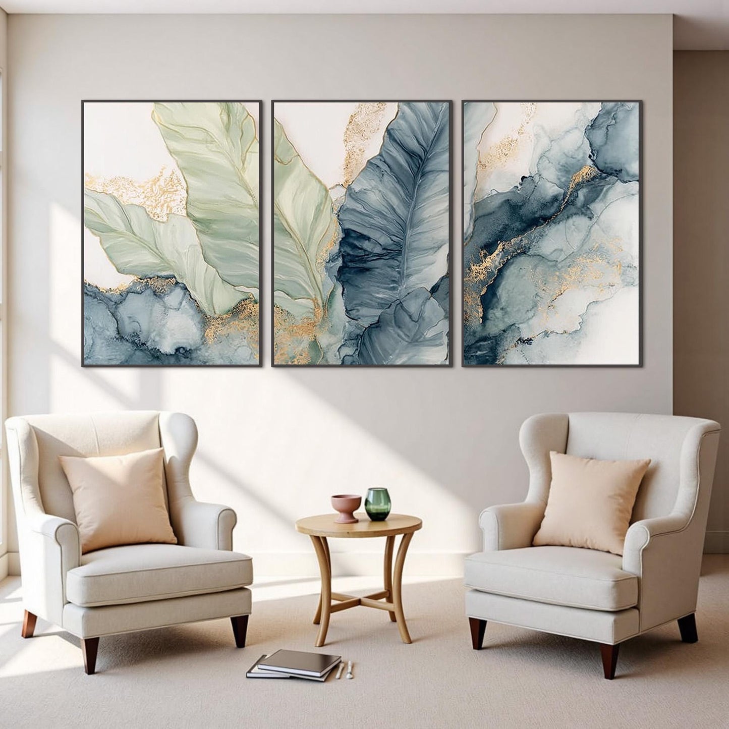 Blue and Green Abstract Floral Wall Art – Triptych Botanical Wall Art