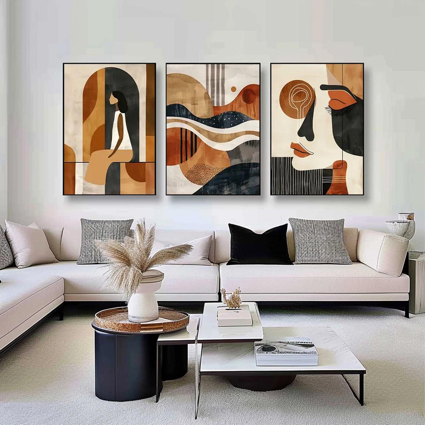 Abstract Triptych Canvas Art, Mid-Century Faces, Geometric Waves, Brown Teal Terracotta Set – Teal and Terracotta Seascape Wa