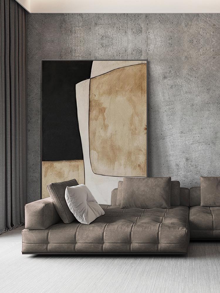 Beige and Black Abstract Oil Painting on Canvas, Original Geometric Canvas Wall Art, Modern Hand-painted Minimalist Art for Living Room