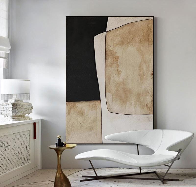 Beige and Black Abstract Oil Painting on Canvas, Original Geometric Canvas Wall Art, Modern Hand-painted Minimalist Art for Living Room