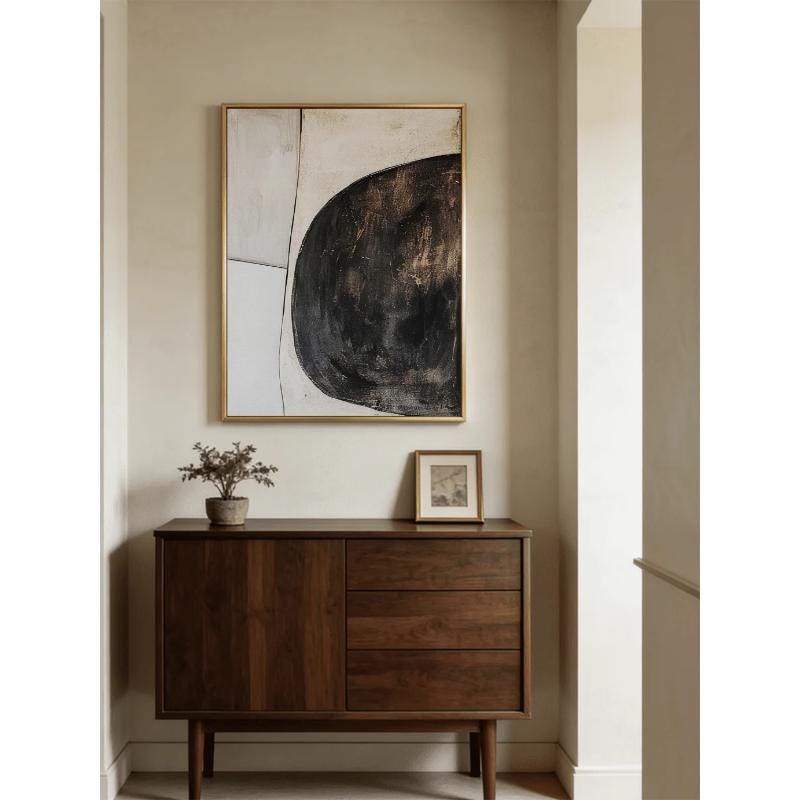 Beige and Black Abstract Oil Painting on Canvas, Original Geometric Canvas Wall Art, Modern Hand-painted Minimalist Art for Living Room