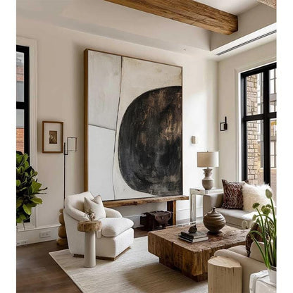 Beige and Black Abstract Oil Painting on Canvas, Original Geometric Canvas Wall Art, Modern Hand-painted Minimalist Art for Living Room