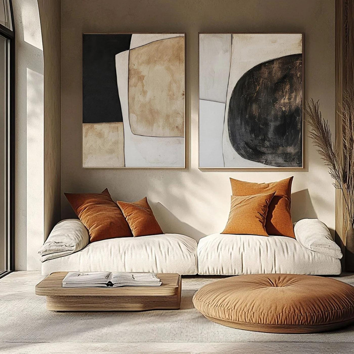 Beige and Black Abstract Oil Painting on Canvas, Original Geometric Canvas Wall Art, Modern Hand-painted Minimalist Art for Living Room