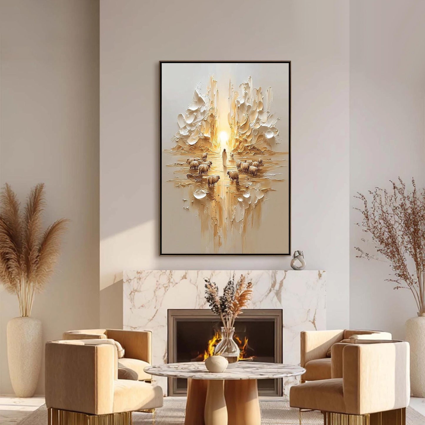 Gold Textured Abstract 3D Texture Wall Art – Textured Oil Painting, Jesus Shepherd with Sheep, Christian Wall Art, Home Decor
