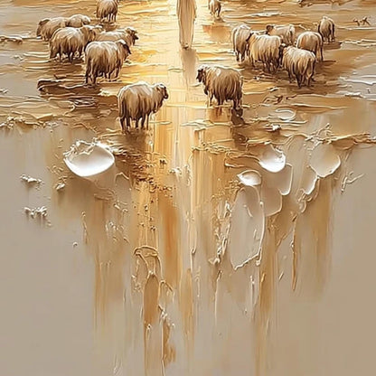 Gold Textured Abstract 3D Texture Wall Art – Textured Oil Painting, Jesus Shepherd with Sheep, Christian Wall Art, Home Decor