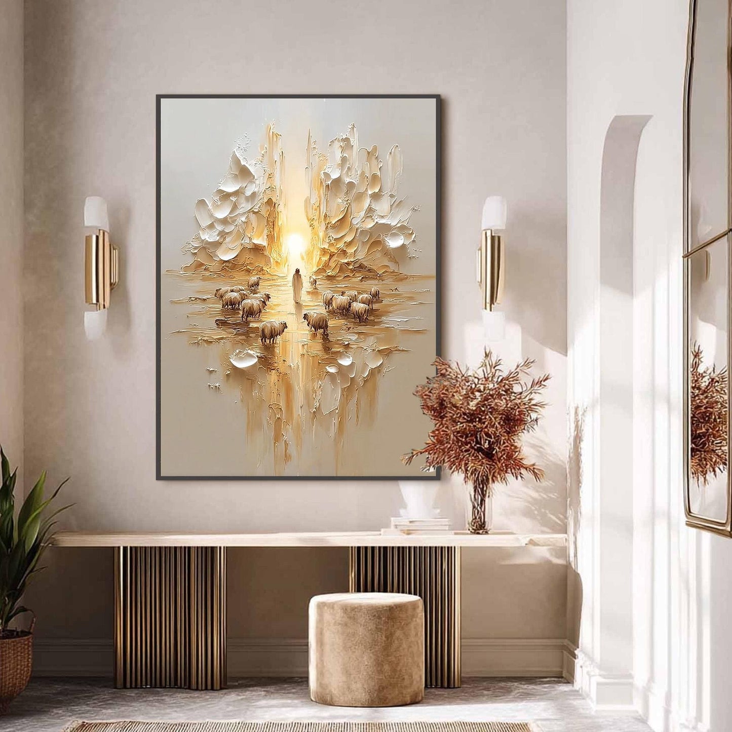 Gold Textured Abstract 3D Texture Wall Art – Textured Oil Painting, Jesus Shepherd with Sheep, Christian Wall Art, Home Decor
