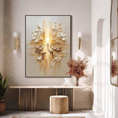 Gold Textured Abstract 3D Texture Wall Art – Textured Oil Painting, Jesus Shepherd with Sheep, Christian Wall Art, Home Decor