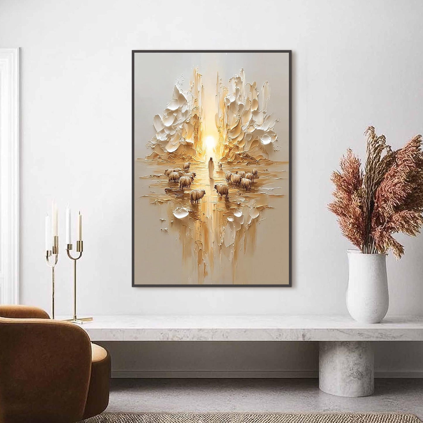 Textured Oil Painting, Jesus Shepherd with Sheep, Christian Wall Art, Home Decor – Gold Abstract 3D Texture Wall Art | Textur