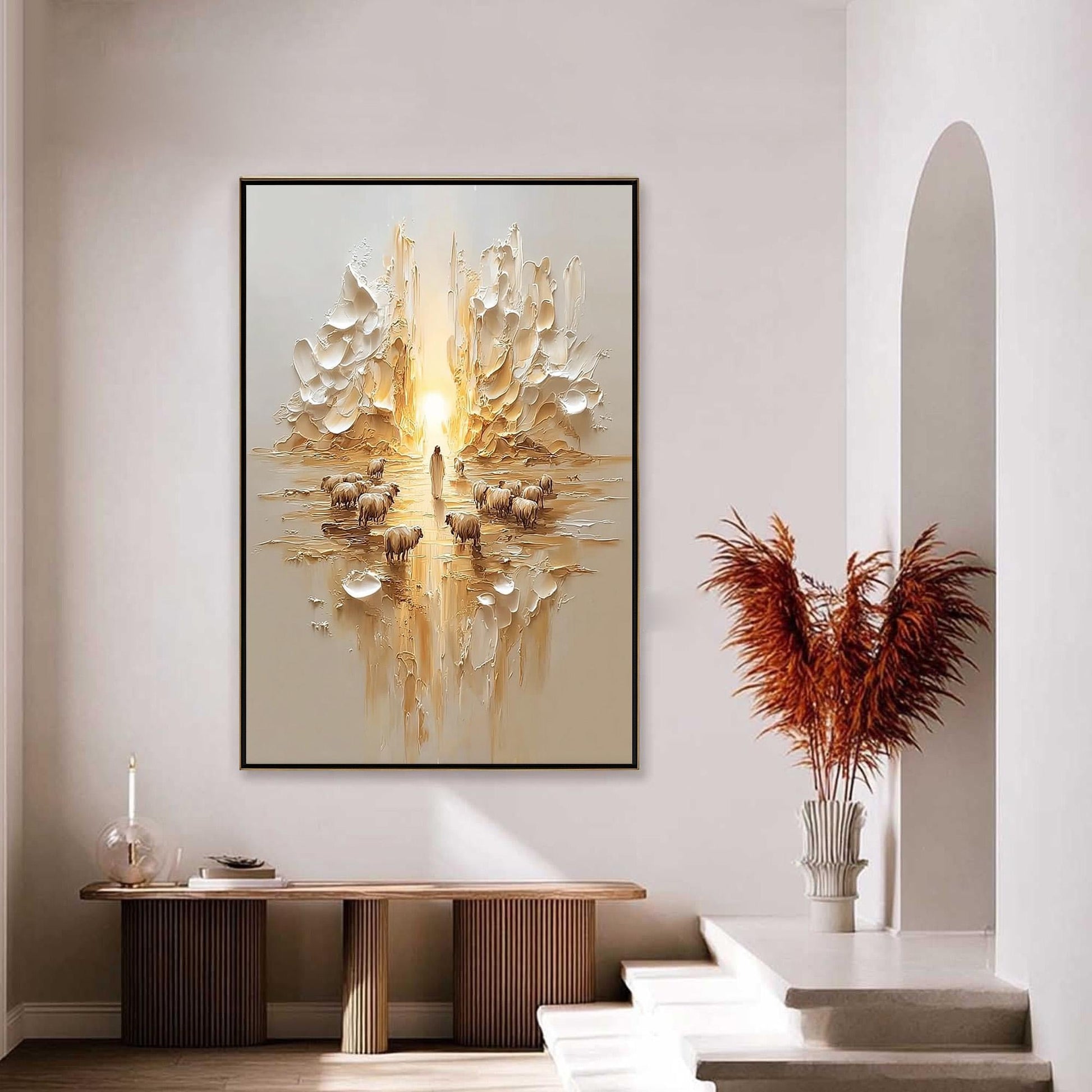 Textured Oil Painting, Jesus Shepherd with Sheep, Christian Wall Art, Home Decor – Gold Abstract 3D Texture Wall Art | Textur